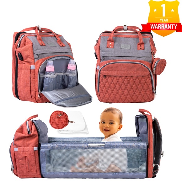 Diaper Bag Backpack with Changing station/ Bassinet. Pink Diaper Bag for mom